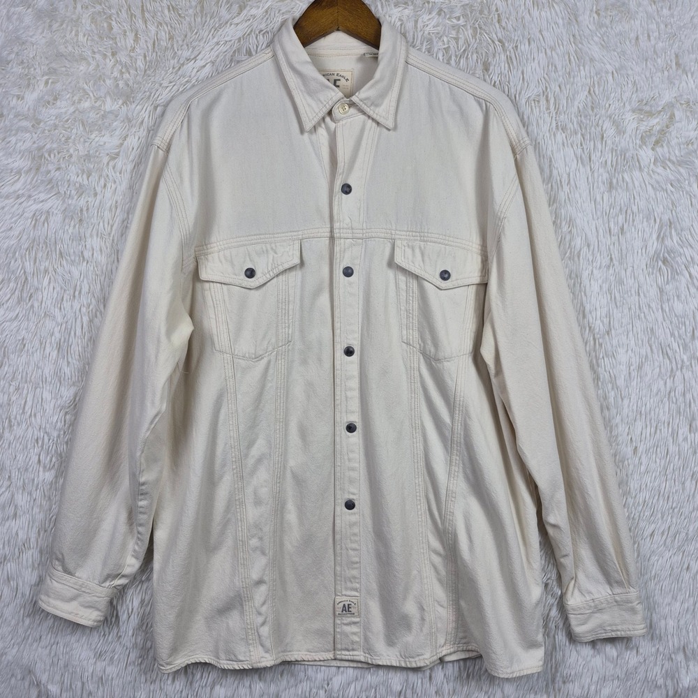 VTG American Eagle Outfitters Mens Cream Denim Snap Shirt Jacket Large 90s
